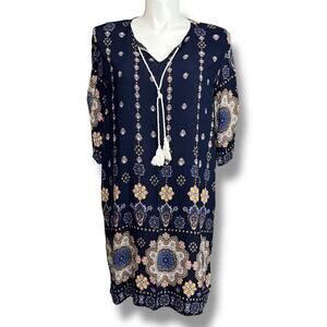 Halife Womens Midi Tunic Dress Geo Print Tasseled V Neck Coastal Navy Blue 2XL